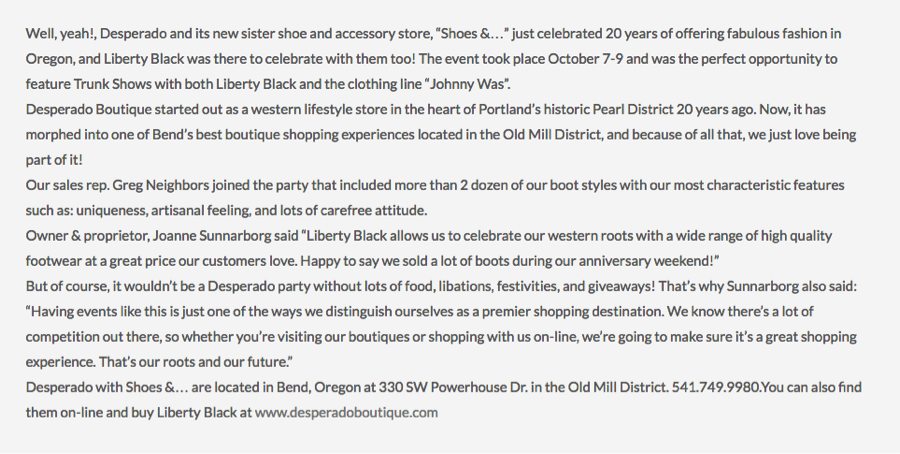 Blog on desperado's 20th anniversary party with Liberty Black Boot Trunk Show.