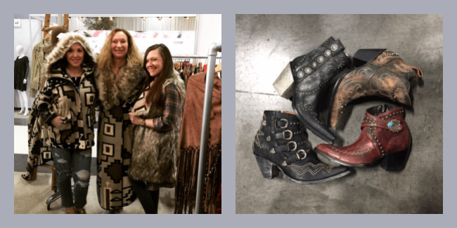 Collage image of Haleigh, Joanne, & Nicole trying on coats at the Tasha Polizzi booth at Magic in LV.
