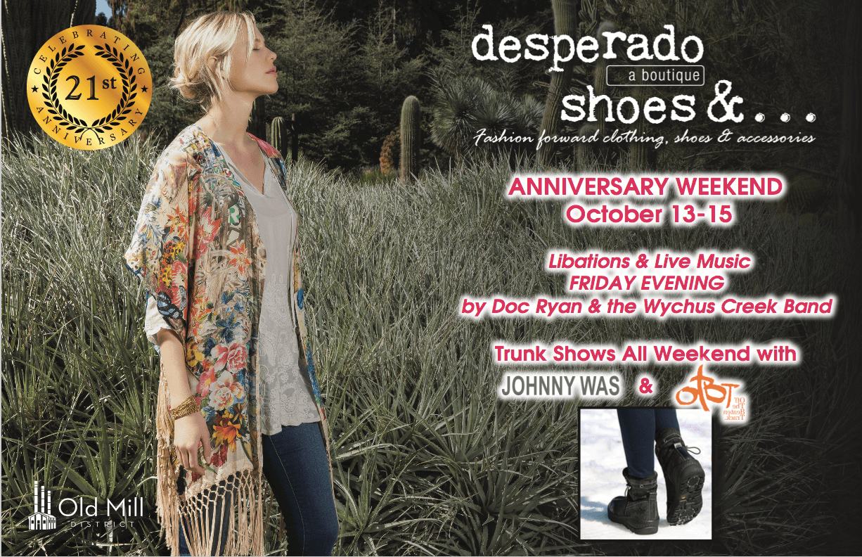 Image of a Johnny Was dress with an insert of OTBT winter boots and graphics on desperado's 21st anniversary party.