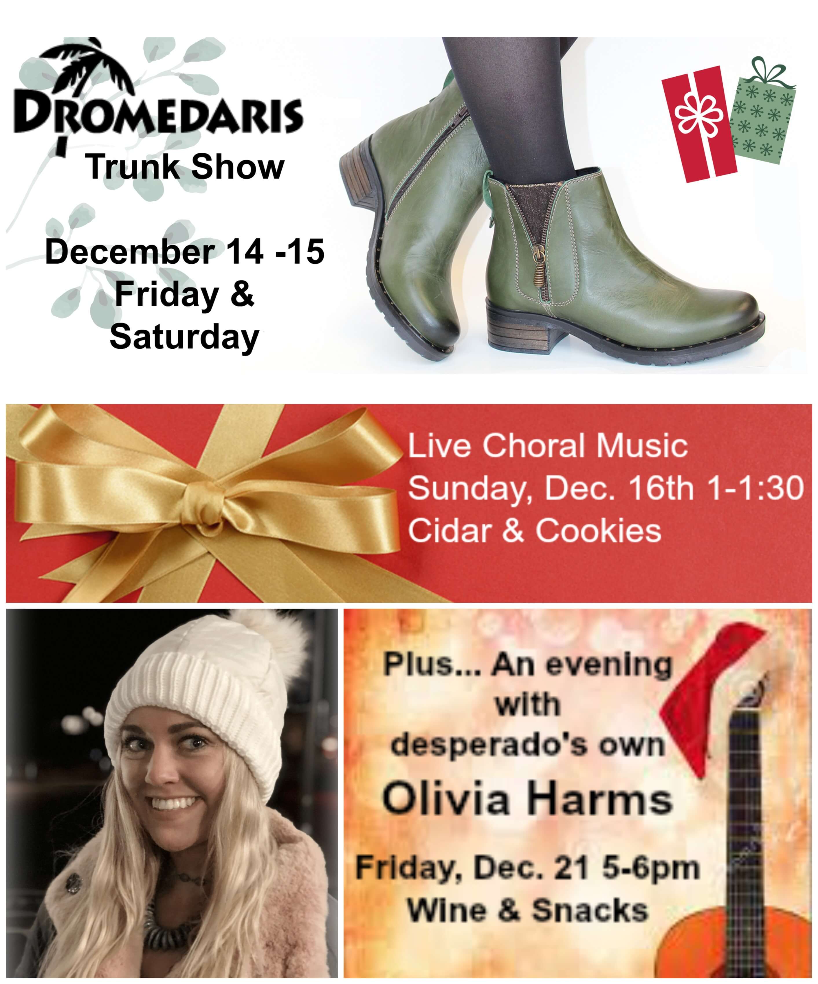 Graphic of desperado's December events calendar including Trunk Show with Dromedaris 12/14-14, Live choral music 12/16, and an evening with Olivia Harms on Friday Dec 21 from 5-6pm.