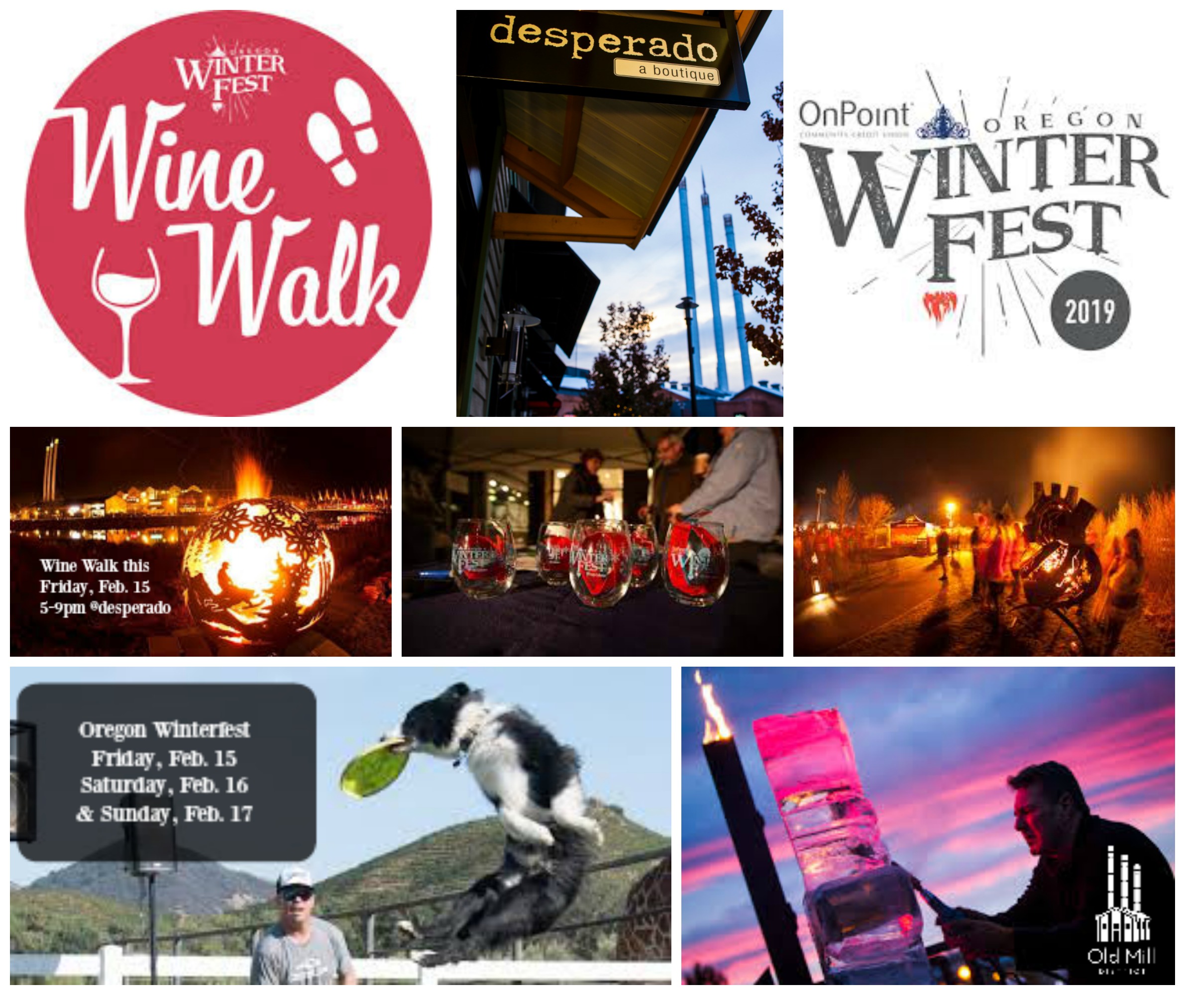 Collage of images showing activities at this year's Oregon Winterfest Wine Walk and weekend events in the Old Mill District.
