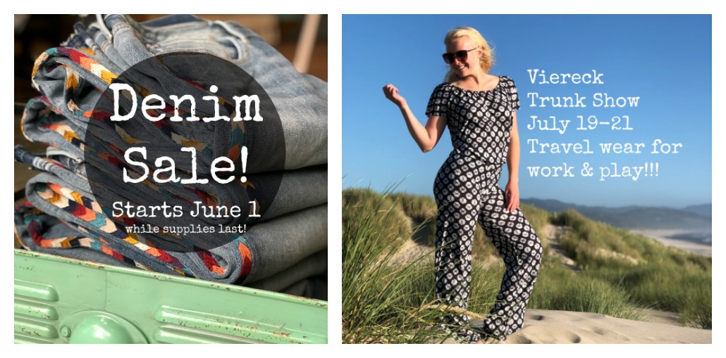 Images of graphics for June 1 denim sale and August trunk show with Viereck dresses.