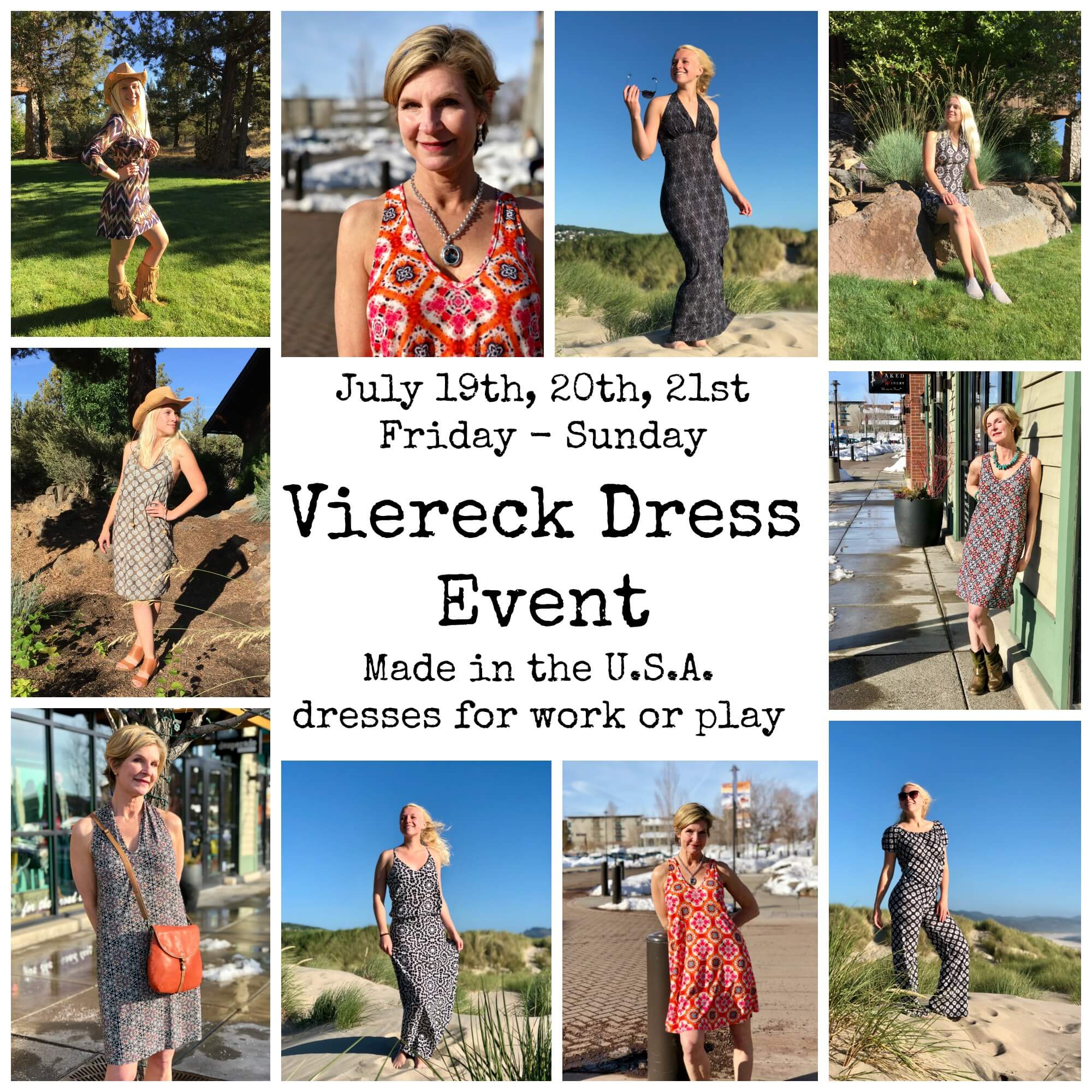 Images of Viereck Dresses and Save the Date note with event happening July 19-21