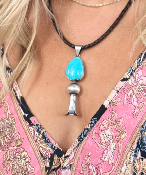 Turquoise Single Squash Blossom On Leather Necklace By Tia Long Desperado Boutique 3944